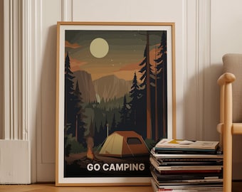 Camping avontuur poster, wandelen en natuur kunst aan de muur, buitenverkenning, kampvuur en tentscène, vintage reisdecor, C20-1115