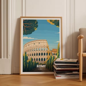 May include: A framed poster with a colorful illustration of the Colosseum in Rome, Italy. The poster has a blue sky, green trees, and the text "ROME - ITALY -" at the bottom.