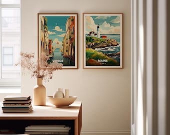 LANDSCAPE POSTER┃額付き（フレームセット）　50×40cm　北欧ポスター　アートポスター Maine Coastal Scenery Poster, Travel-Inspired Wall Art, State