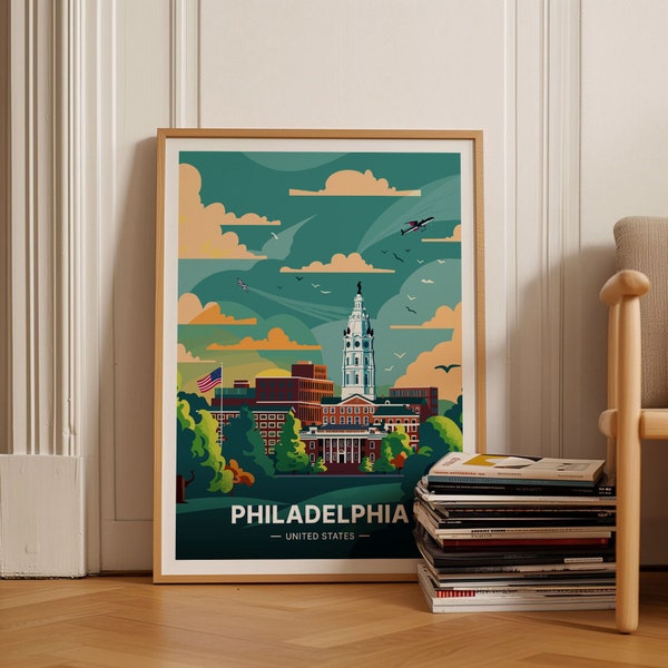 Philadelphia Travel Poster, USA Cityscape Art, United States Wall Decor, Unique Wedding Gift Idea, Home and Office Decoration, C20-422