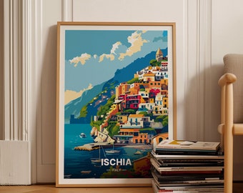 Cartel de viaje de Ischia, arte de la pared de Italia, decoración costera italiana de estilo vintage, decoración del hogar y la oficina, C20-486