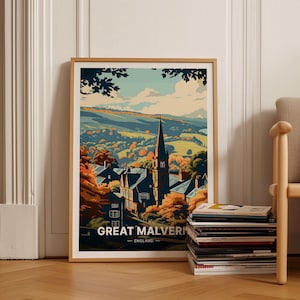 Great Malvern Travel poster, Engeland schilderachtige landschapskunst, kantoor aan huis decor, Britse platteland kunst aan de muur, uniek reizigerscadeau, C20-1364
