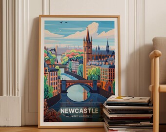 Newcastle Cityscape Art Print, United Kingdom Travel Poster, C20-624