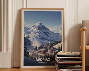 Avoriaz Ski Resort Travel Poster, French Alps Snowboarding, Retro Mountain Art for Home Decor, Seasonal Wall Art
