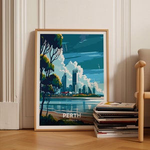Könnte beinhalten: Ein gerahmtes Poster mit einer farbenfrohen Illustration der Skyline von Perth, mit hohen Gebäuden und einem Gewässer. Das Poster trägt die Aufschrift "PERTH" und "AUSTRALIEN" am unteren Rand.