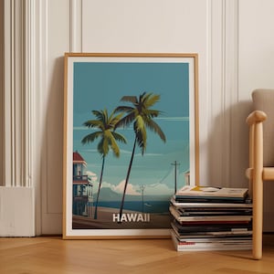 Hawaii Beach Poster, Tropical Palm Tree Travel Art, Coastal Wall Decor for Home and Office, C20-1187