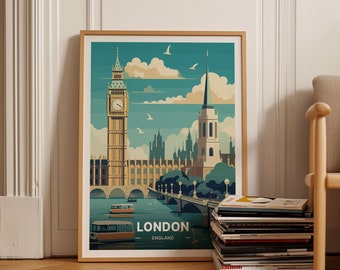 London Skyline Art Print, Big Ben, UK Cityscape Travel Poster, C20-44