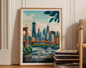 Pode incluir: Um pôster de estilo vintage com uma ilustração colorida do horizonte de Cincinnati, apresentando uma ponte, edifícios e um rio. O pôster tem o texto "CINCINNATI - UNITED STATES -" na parte inferior.