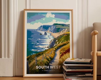 South West Coast Path Poster, National Park Art, Hiking Trail Map, Devon Cornwall Travel Decor, Dorset Somerset Wall Art, C20-922