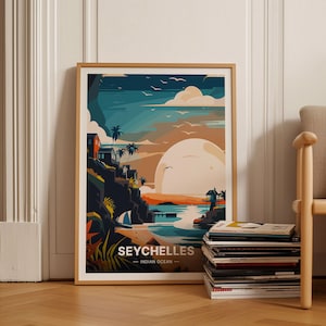 Póster de viaje a Seychelles, arte del océano Índico, decoración de pared de la playa D'Argent, regalo de boda único, idea de regalo de cumpleaños, C20-1156