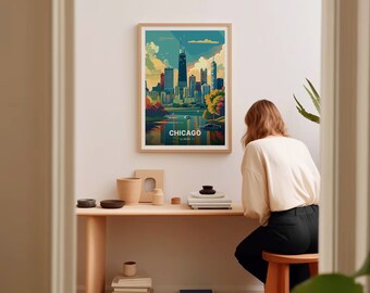 Chicago Skyline Travel Poster, Illinois Cityscape Art, C20-287 - Etsy
