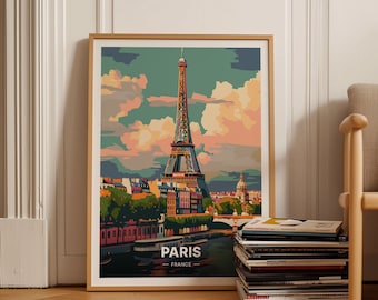 May include: A framed print of the Eiffel Tower in Paris, France. The print is in a vintage style with a colourful background and a river in the foreground. The text "PARIS - FRANCE" is at the bottom of the print.