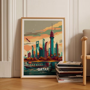 Doha Skyline Travel Poster, Qatar Art, Mid-Century Modern Decor, Vibrant Cityscape Wall Art for Home and Office, C20-1087
