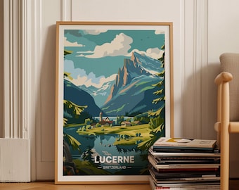 Lucerne Switzerland Travel Poster, Swiss Alps Art Print, C20-1490