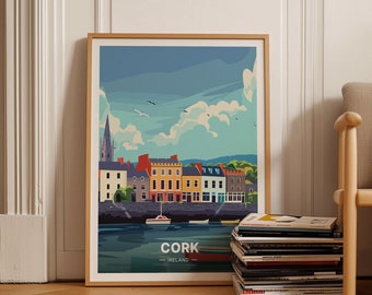 May include: A colorful illustration of a cityscape with a waterfront, featuring a church steeple and colorful buildings. The text "CORK - IRELAND" is at the bottom of the image.