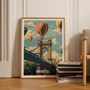 Bristol Skyline Travel Poster, Hot Air Balloons & Clifton Bridge, Art Deco Style Wall Art, River Avon Scenic View, Perfect, C20-1479