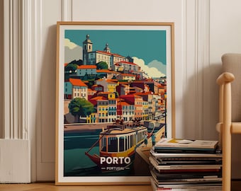 May include: A colorful illustration of the city of Porto, Portugal, with a vintage-style tram in the foreground. The illustration features a cityscape with buildings in shades of yellow, orange, red, and blue, and a river in the background.