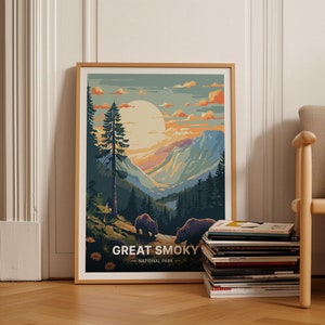 Póster del Parque Nacional de las Grandes Montañas Humeantes, Arte de pared de viaje escénico, Decoración de aventura, Regalo para amantes de la naturaleza, C20-353