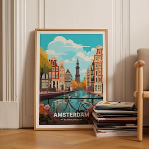 Amsterdam Cityscape Poster, Netherlands Travel Art, Dutch Landmarks Wall Decor, European City Prints, C20-33