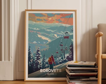 Affiche de voyage de la station de ski de Borovets, art des montagnes de Rila en Bulgarie, décoration de ski et de snowboard, cadeau de voyageur unique, C20-401