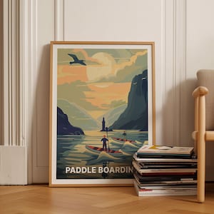 Paddle Boarding Adventure Travel Poster, SUP Destination Art, Outdoor Enthusiast Wall Decor, Unique Hiking & Wild Swimming, C20-303