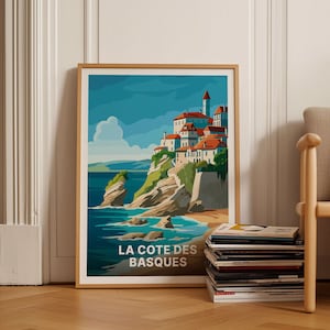 Biarritz Frankrijk reisposter, surfen en Villa Belza Art, Europese muurdecoratie, uniek reiscadeau-idee, C20-1289