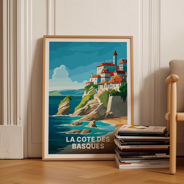 Biarritz France Travel Poster, Surfing & Villa Belza Art, European Wall Decor, Unique Travel Gift Idea, C20-1289