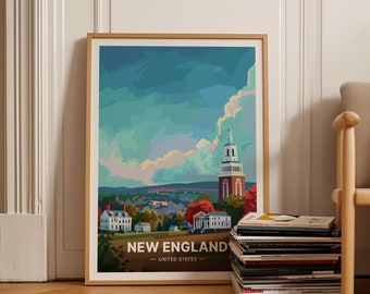 May include: A framed poster with a colorful illustration of a New England town with a tall church steeple and the text "NEW ENGLAND - UNITED STATES -" at the bottom.