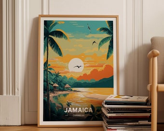 May include: A vintage-style travel poster with a sunset scene over a tropical island. The poster features palm trees, a beach, and a body of water. The text on the poster reads "Jamaica - Caribbean".