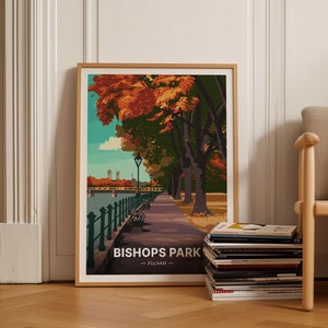 London Travel Poster, Bishops Park Fulham Wall Art, Hammersmith Riverside Decor, Battersea Gift Idea, C20-996