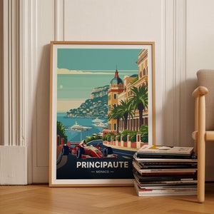 Póster de viaje a Mónaco, arte mural de la Riviera Francesa, paisaje urbano de Fórmula 1, regalo de viaje único, decoración del hogar, C20-965