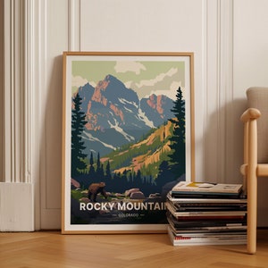 Rocky Mountains reizen poster, Colorado landschap kunst aan de muur, nationaal park decor, schilderachtige Rocky Mountain artwork, C20-991