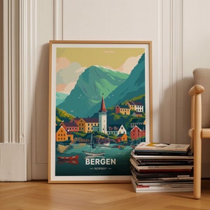 Cartel de viaje de Bergen Noruega, arte escandinavo, decoración única del hogar, regalo para viajeros, idea de regalo de boda y cumpleaños, C20-466