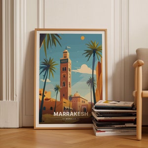 May include: A colorful illustration of a mosque in Marrakesh, Morocco. The illustration features a tall minaret, palm trees, and a blue sky with a yellow sun. The text "MARRAKESH - MOROCCO -" is at the bottom of the illustration.