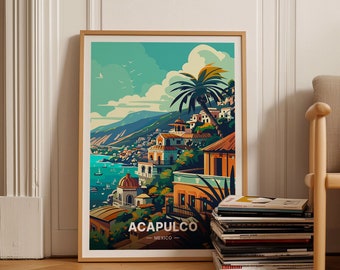 May include: A colorful illustration of a cityscape with palm trees and a blue ocean. The text "ACAPULCO - MEXICO" is at the bottom of the image.
