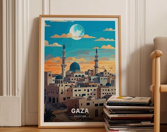 Puede incluir: Una impresión enmarcada de una ilustración colorida de la ciudad de Gaza, Palestina. La ilustración representa una ciudad con una mezquita y una luna creciente en el cielo.