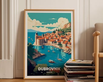 May include: A vintage-style travel poster featuring a colorful illustration of the city of Dubrovnik, Croatia. The poster has a blue and green color scheme and depicts the city's iconic harbor and surrounding buildings.