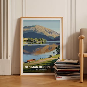 Póster de viaje del Distrito de los Lagos, arte paisajístico del anciano de Coniston, decoración de aventuras en el Parque Nacional, regalo de Fell Walker, C20-330