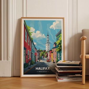 May include: A colorful illustration of a street scene in Halifax, Nova Scotia. The image features a row of colorful houses with a tall white church steeple in the background. The text "Halifax - Nova Scotia" is at the bottom of the image.
