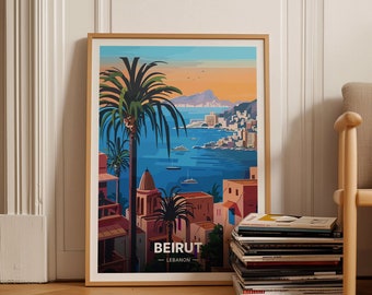 Affiche de voyage de Beyrouth, art du paysage urbain du Liban, décoration d'intérieur inspirée du voyage, illustration de monument de Beyrouth, C20-677