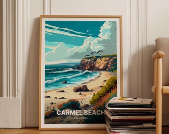 Carmel Beach California Travel Poster, Coastal Seaside Art, C20-1256