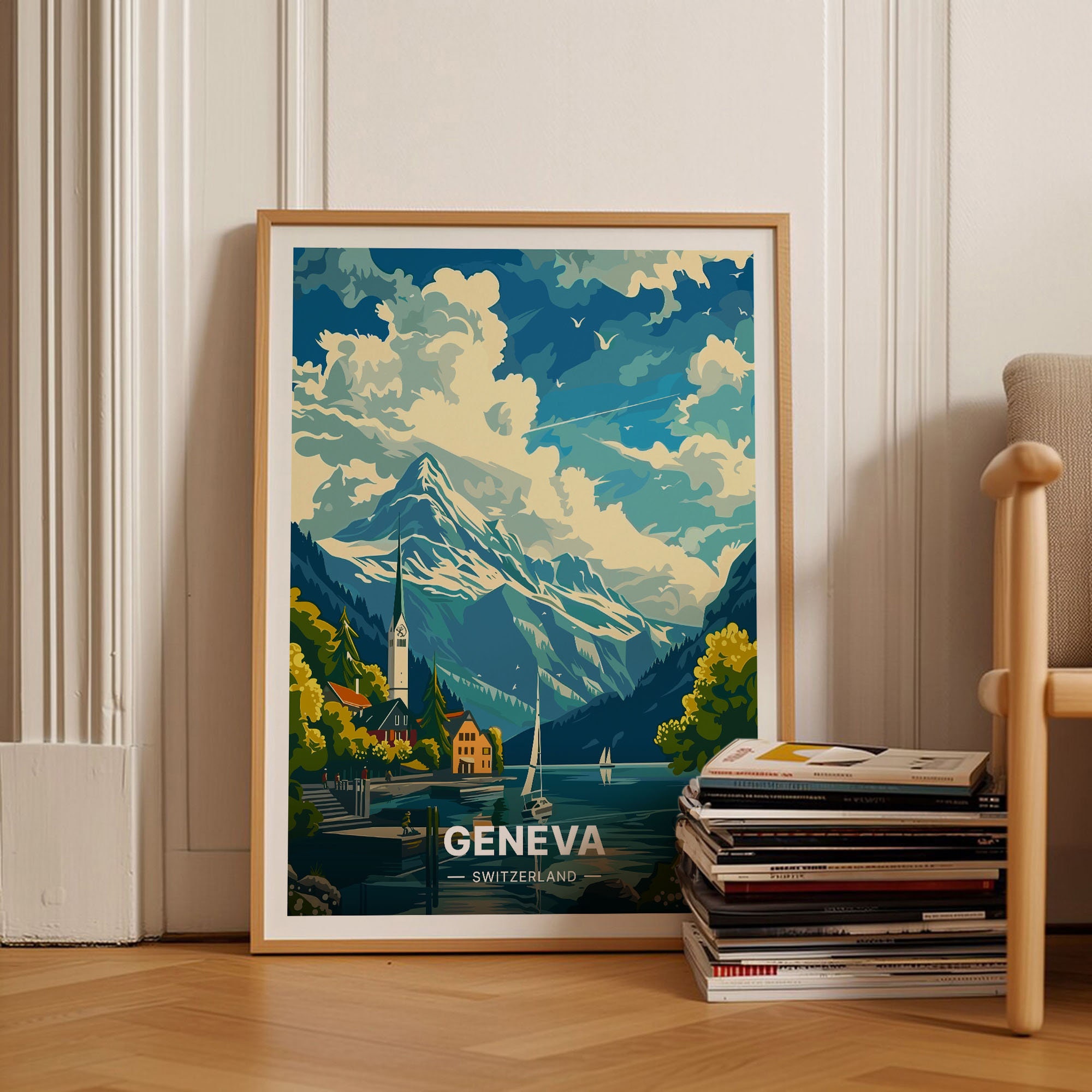 Geneva Travel Poster, Switzerland Landscape Art, Home & Office