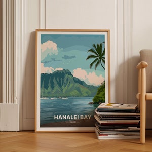 Hanalei Bay Kauai Travel Poster, Tropical Beach Wall Art, Hawaii Home Decor, Hawaiian Island Artwork, C20-1303