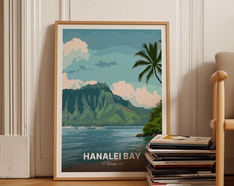 Hanalei Bay Kauai Travel Poster, Tropical Beach Wall Art, Hawaii Home Decor, Hawaiian Island Artwork, C20-1303