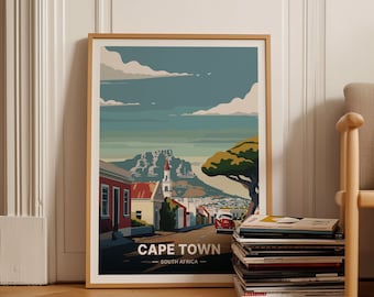 Cape Town Travel Poster, South Africa Wall Art, Retro Table Mountain Landscape, Coastal Decor for Home and Office, C20-105
