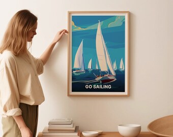 Vintage Sailing Travel Poster, Retro Boating Wall Art