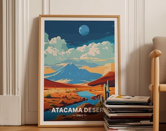 Puede incluir: Una ilustración colorida del Desierto de Atacama en Chile. La imagen presenta un cielo azul con nubes blancas, una gran cordillera, un río y algunos cactus. El texto "Atacama Desert - Chile" está en la parte inferior de la imagen.