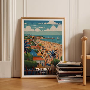 Póster de viaje a Chennai, India, paisaje urbano vibrante, ideal para decoración del hogar y obsequios, siglo XX-1594