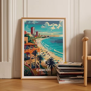 Cancun Cityscape Art Poster, Mexico Coastal Landscape, Travel-Inspired Wall Decor, Home Office Artwork, C20-673