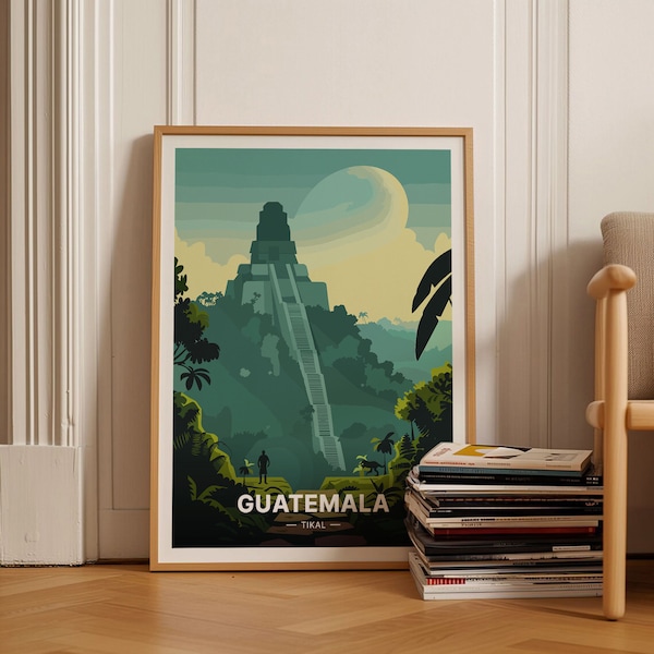 Guatemala Tikal Maya Jaguar Poster, Tropical Travel Wall Art for Home Decor, Vintage-Inspired Destination Print, C20-655